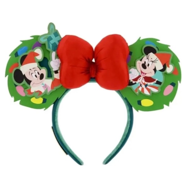 NWT Disney Parks 2023 Christmas Mickey Minnie Mouse Bow Ear Headband Loungefly - Picture 2 of 5